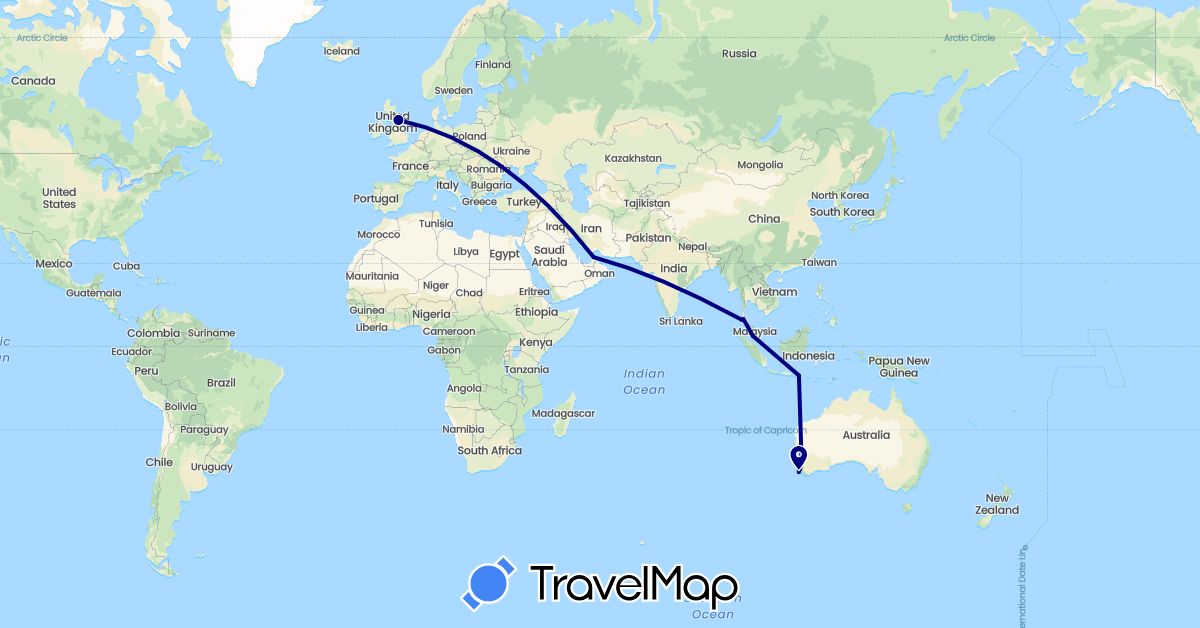 TravelMap itinerary: driving in United Arab Emirates, Australia, United Kingdom, Indonesia, Malaysia, Thailand (Asia, Europe, Oceania)